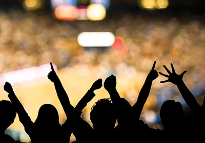 a crowd cheering in a loud sports arena