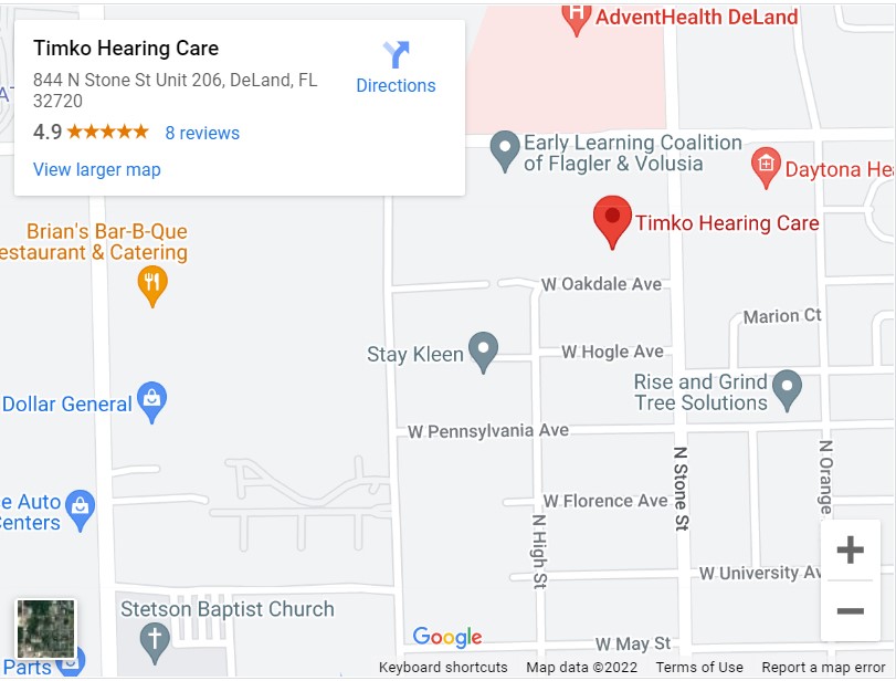 A map of the area around and including Timko Hearing Care in DeLand, FL